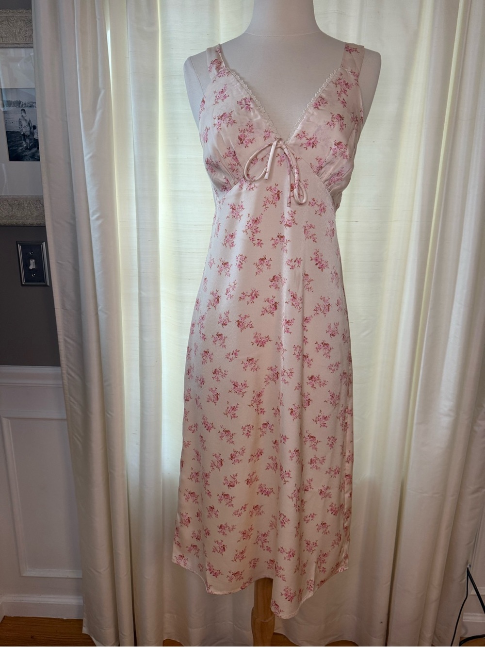 Caroline Constas Pink Floral Satin Slip with Lace Tie